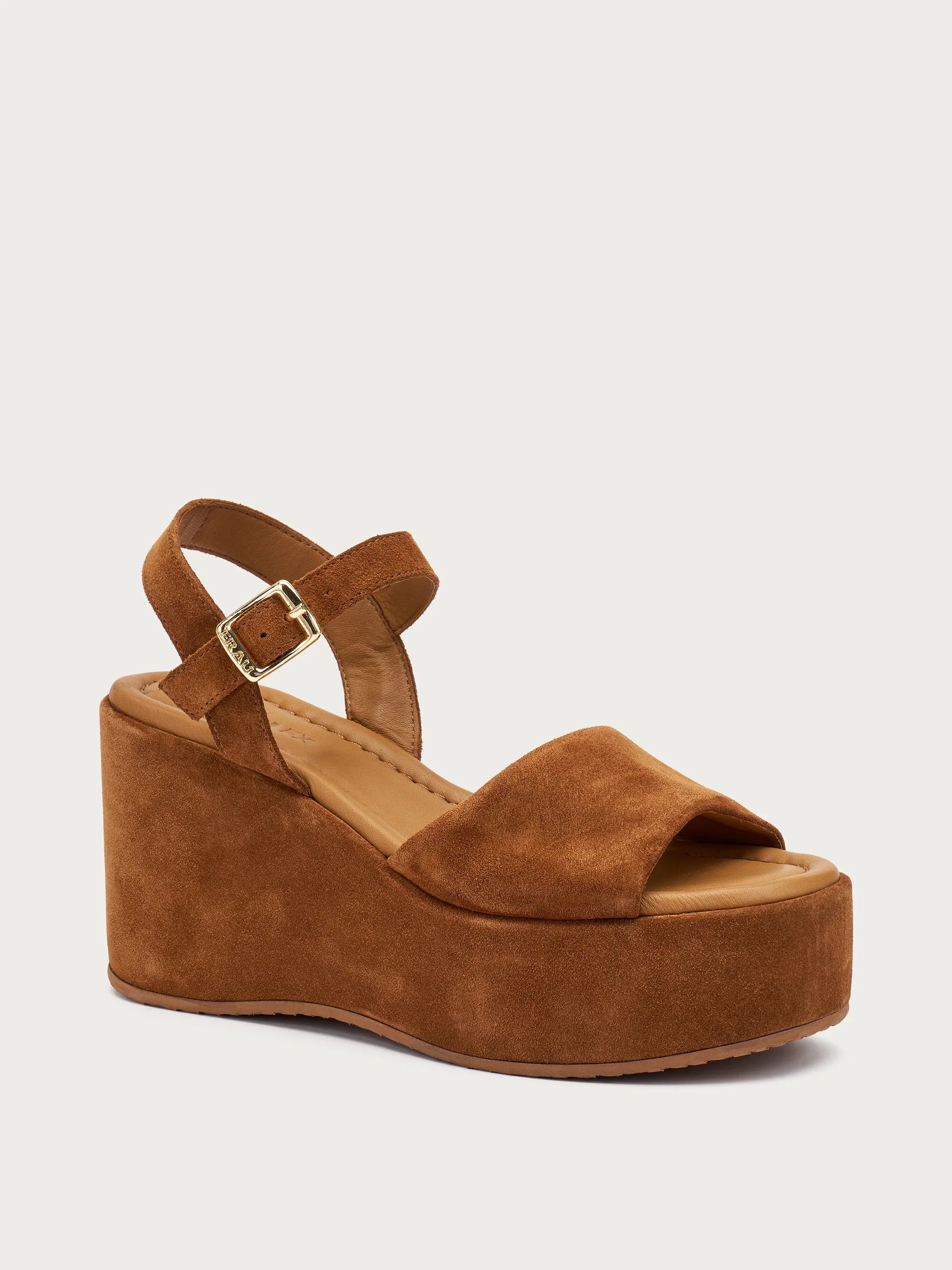 Sandalo donna zeppa alta in camoscio marrone, cinturino regolabile, moda elegante