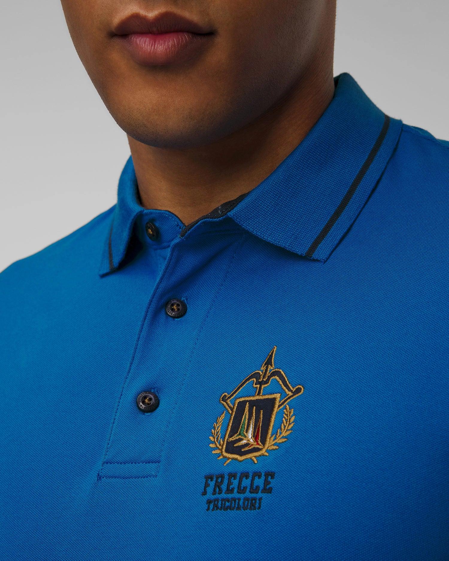 Polo uomo blu con logo ricamato Frecce Tricolori e colletto a contrasto