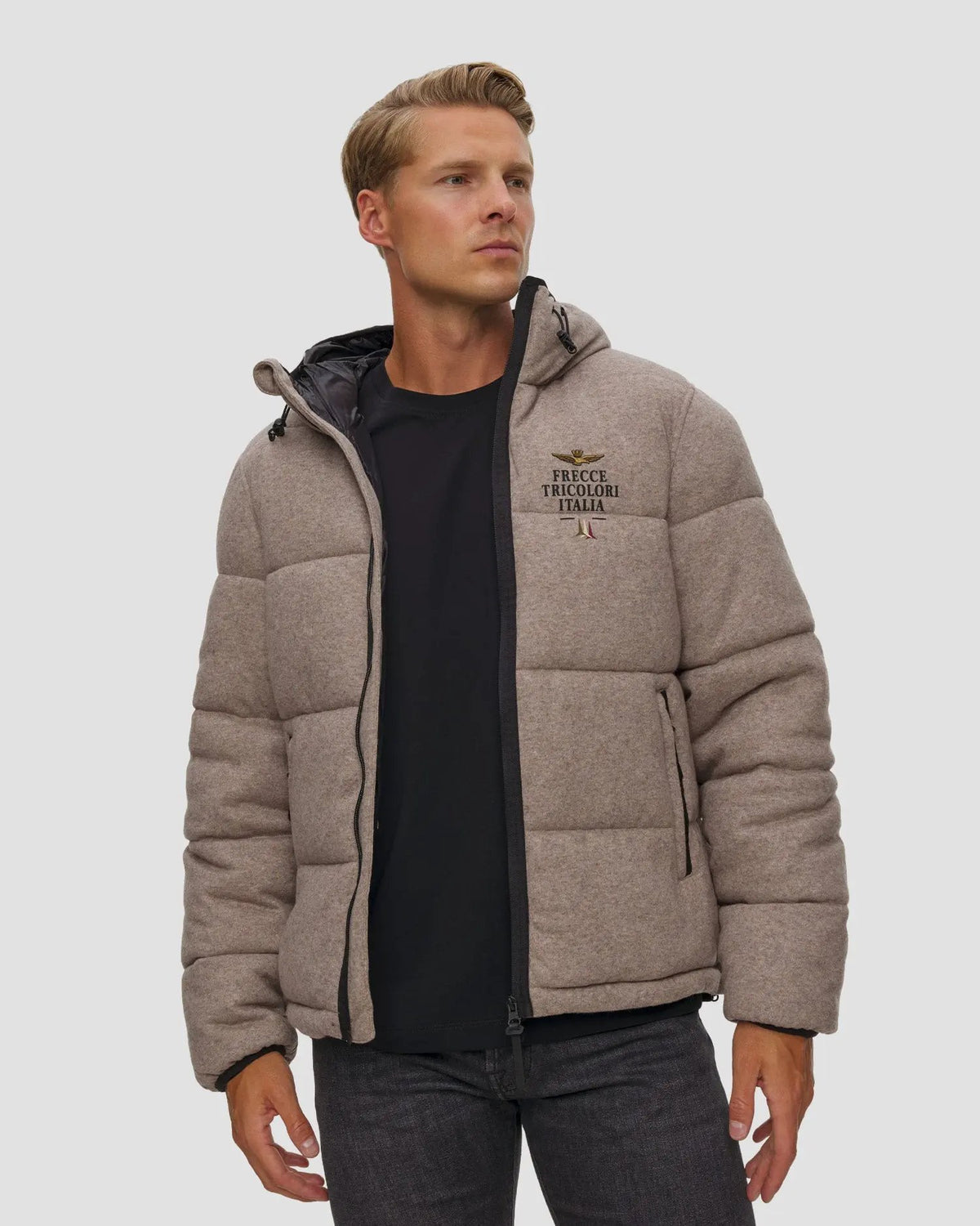 Giacca da uomo in lana con cappuccio Aeronautica Militare beige, vista frontale
