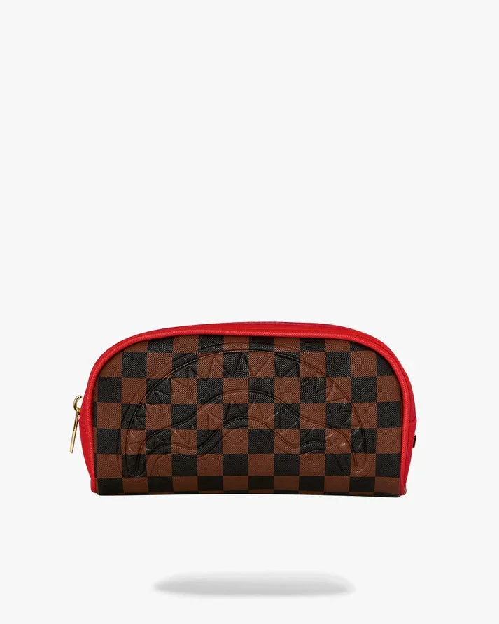 Pochette a scacchi marrone e nero con bordi rossi, accessorio moda unisex elegante