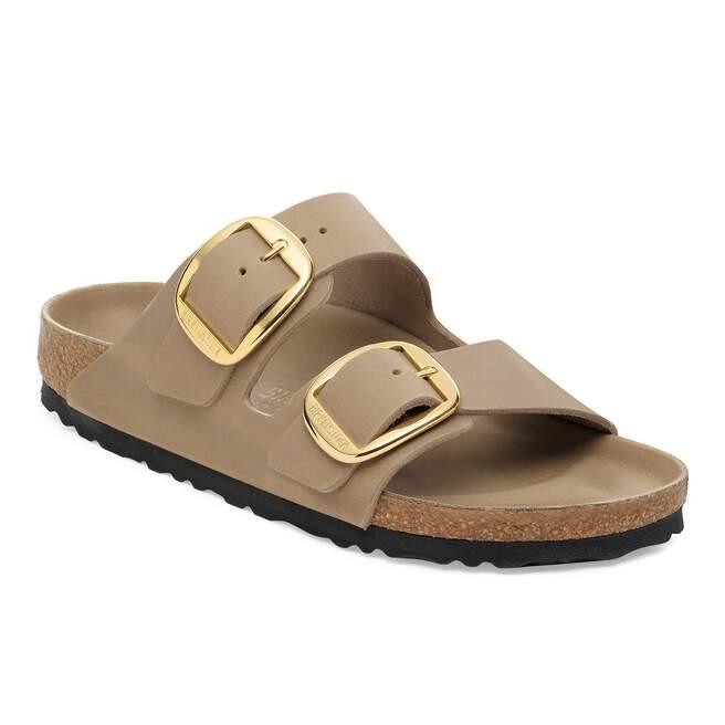 Sandalo beige da donna con doppia fibbia dorata e suola in sughero e gomma nera