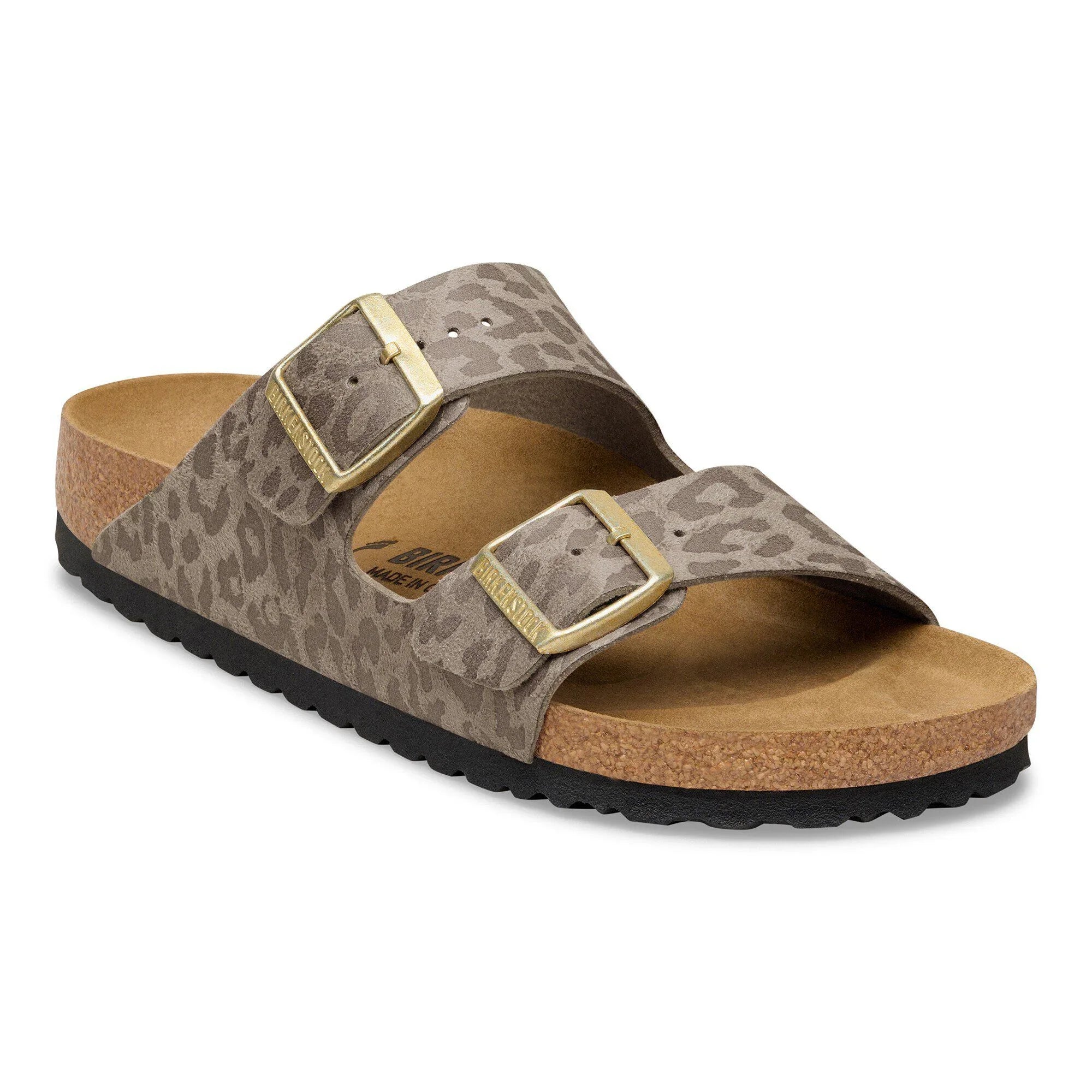 Sandalo donna beige con motivo animalier, doppia fibbia e suola in sughero