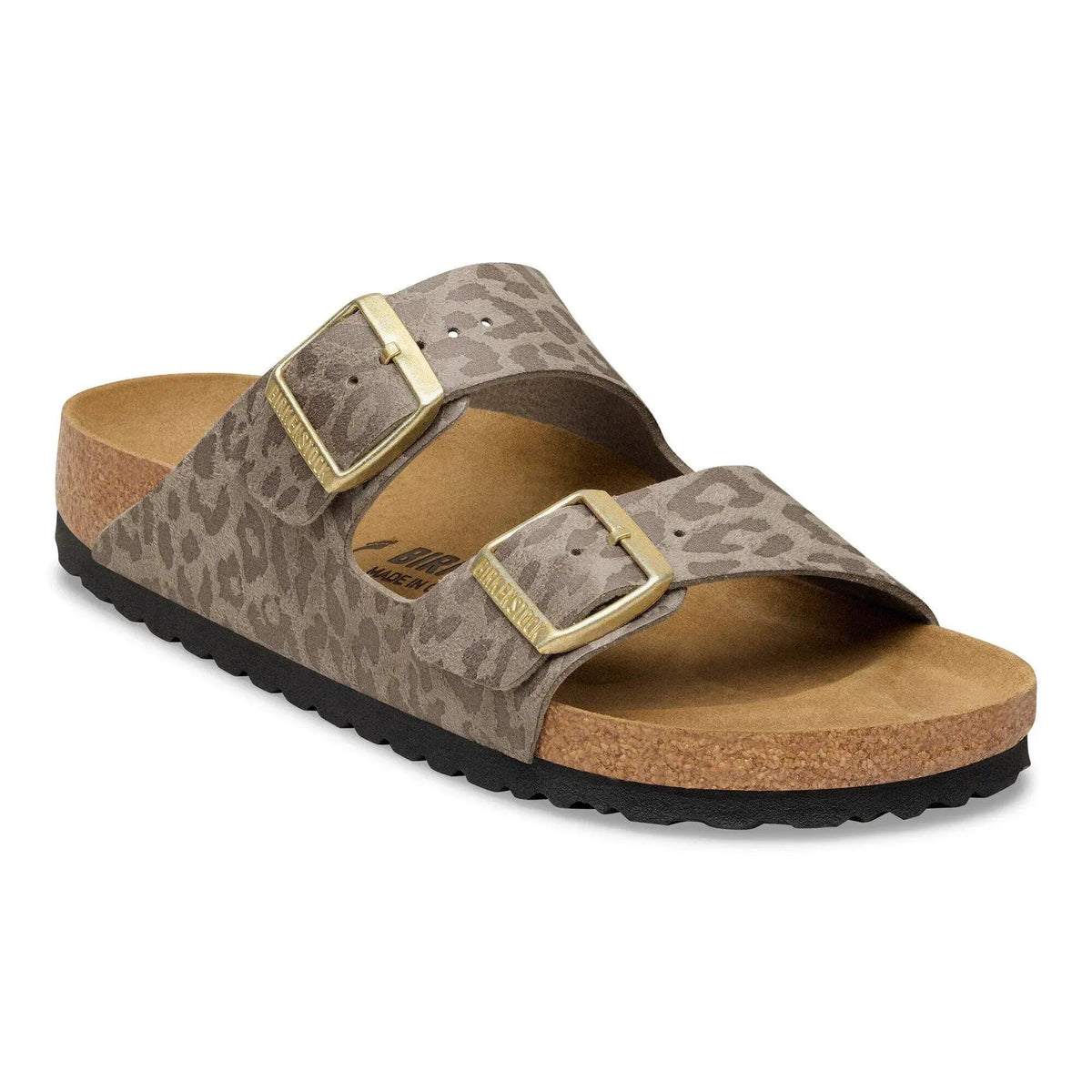 Sandalo donna beige con motivo animalier, doppia fibbia e suola in sughero