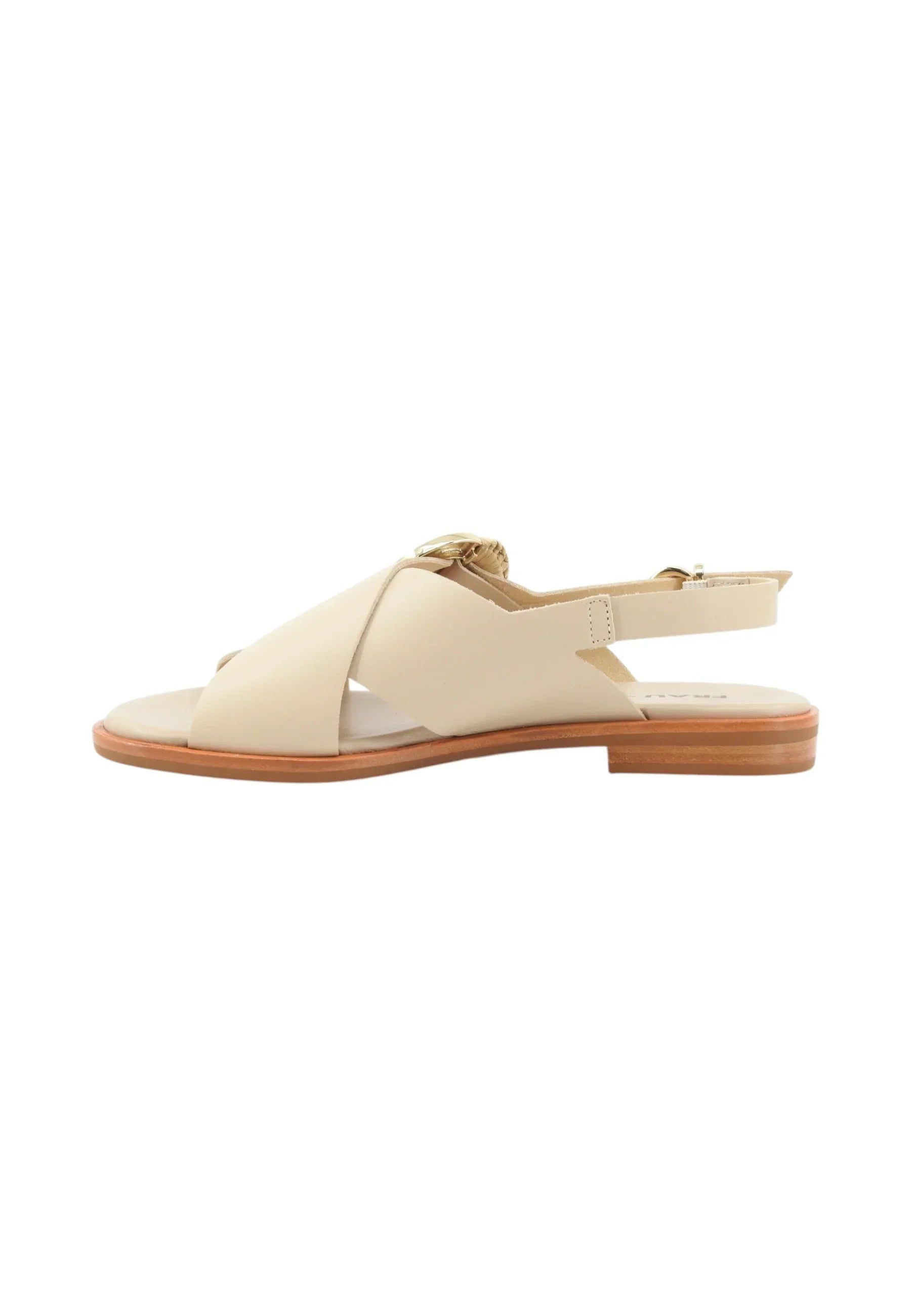 Sandalo donna beige in pelle con fasce incrociate e cinturino, suola bassa, stile elegante