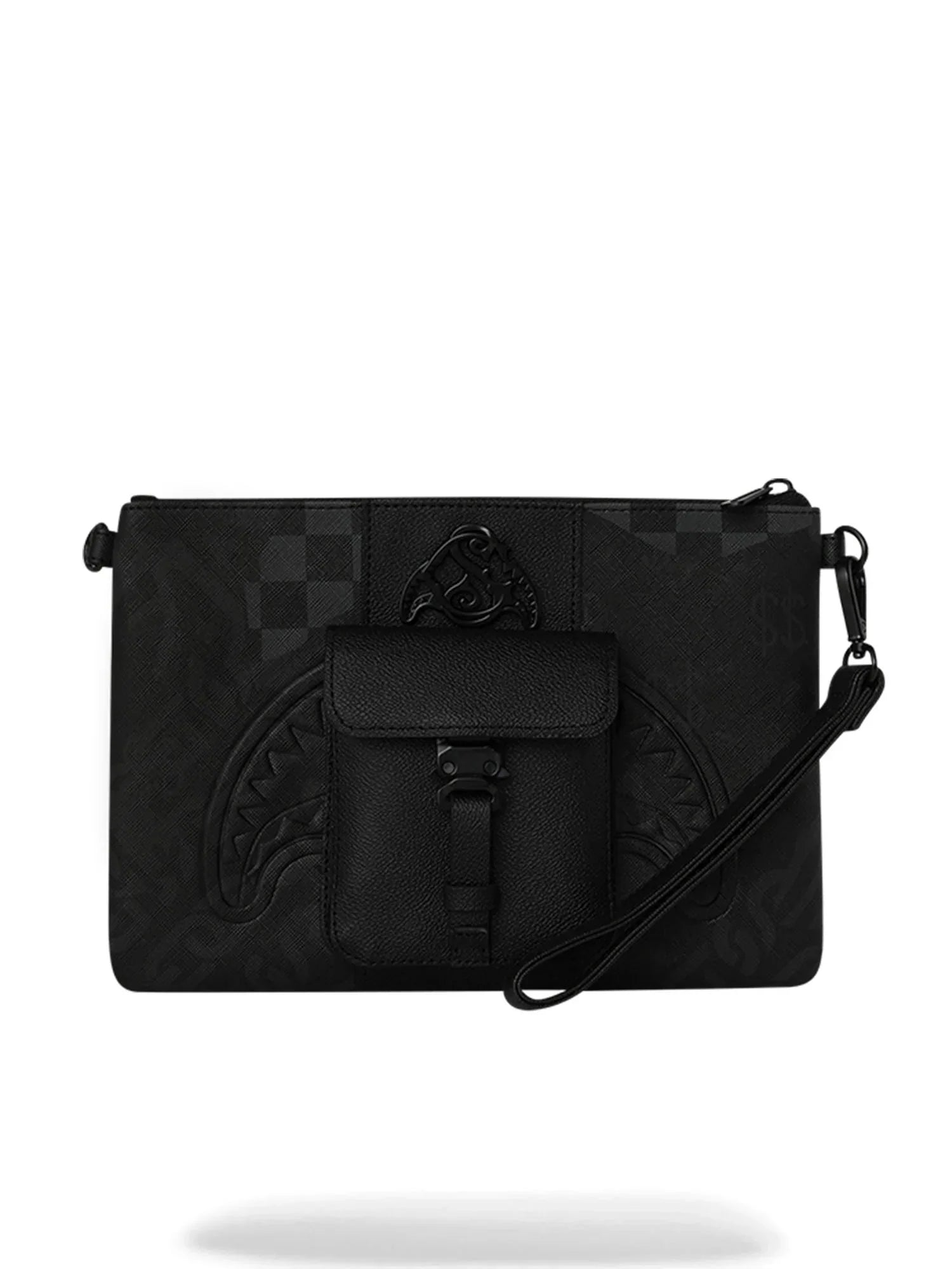 Pochette nera con motivo geometrico, tasca frontale e cinturino da polso, stile urban fashion