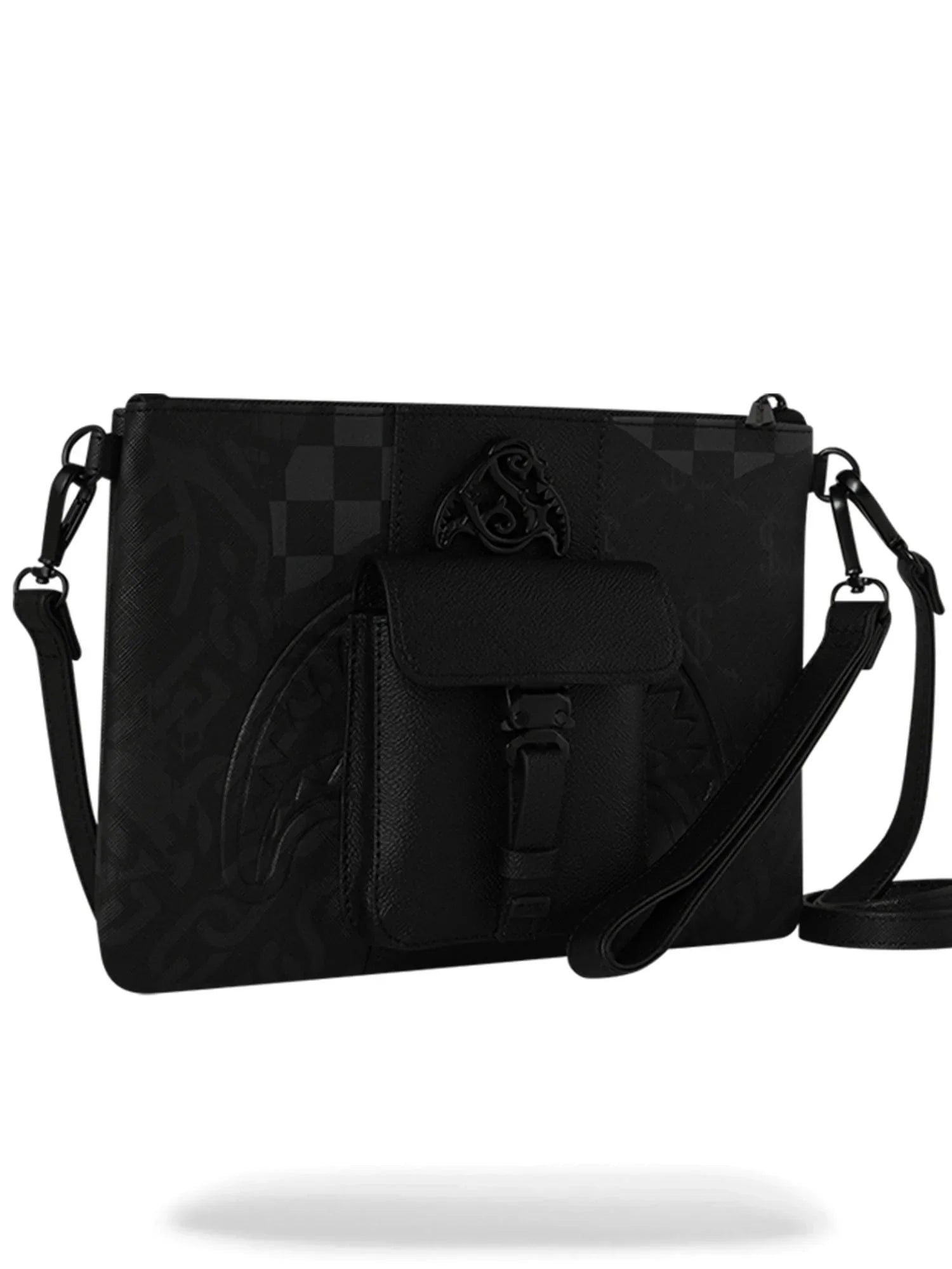 Borsa a tracolla nera uomo in ecopelle con motivo geometrico, tasca frontale e dettagli opachi.