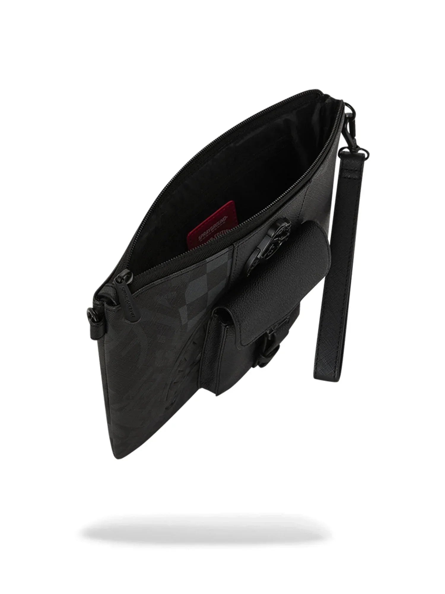 Pochette nera uomo in pelle con zip, motivo geometrico e tasca esterna, design elegante