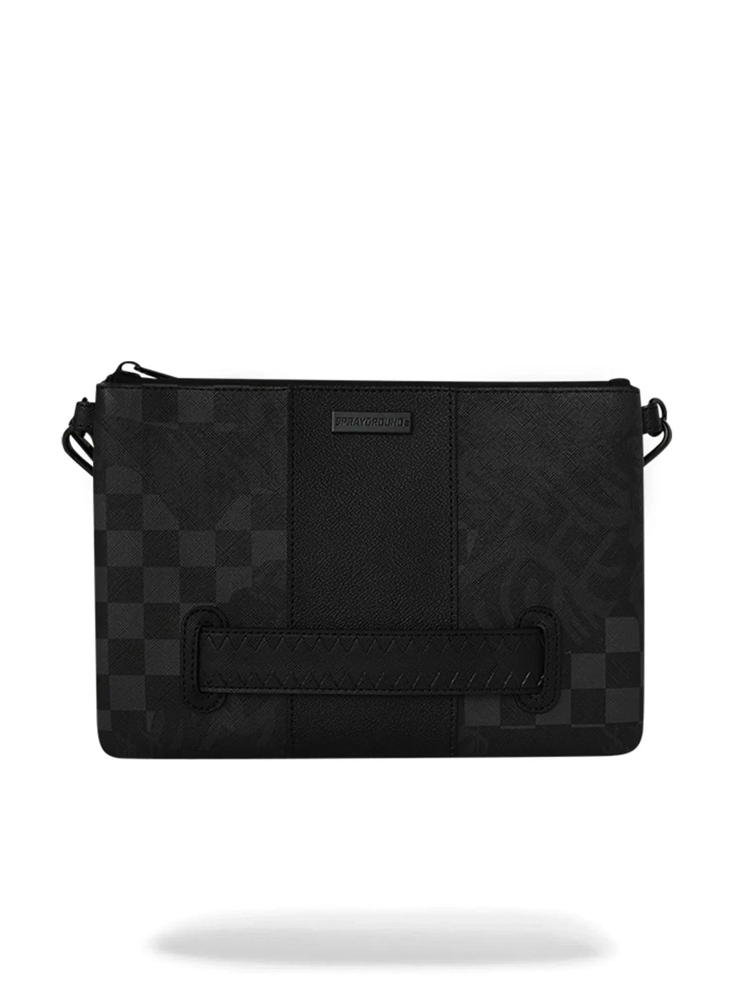 Pochette uomo nera in pelle con motivo a scacchi e dettagli in rilievo, design moderno