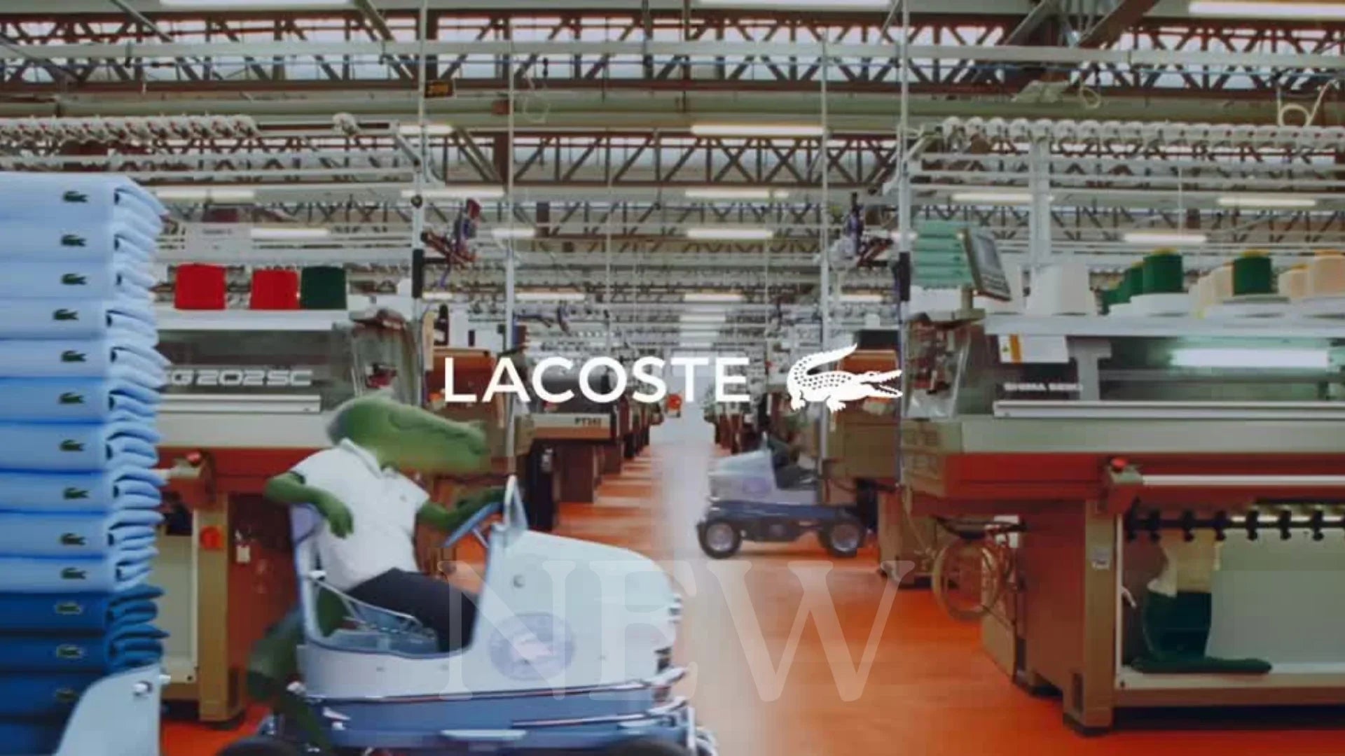 Interno di fabbrica tessile con pile di polo azzurre e personaggio cartoon in macchina giocattolo