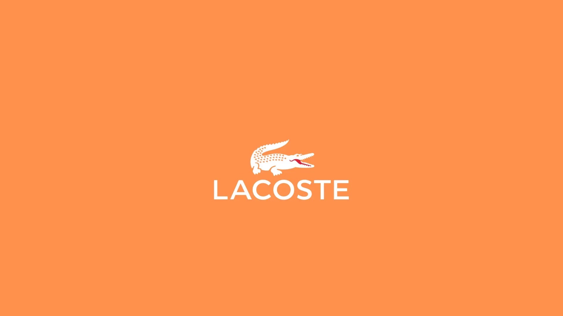 Logo Lacoste con coccodrillo bianco su sfondo arancione, moda uomo donna