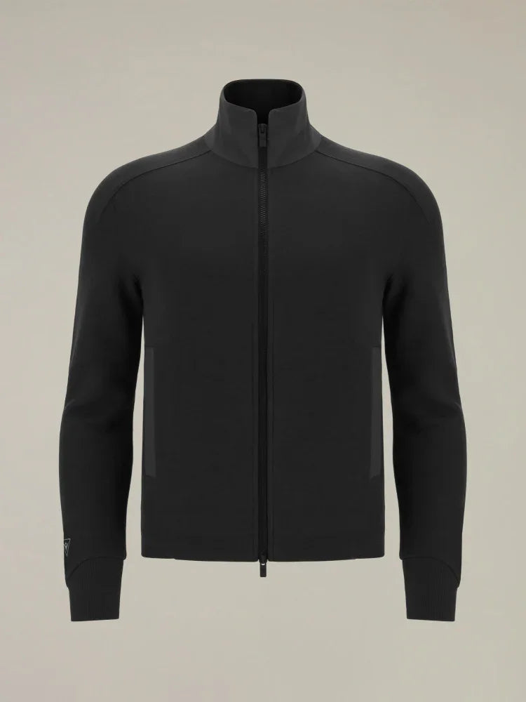 Felpa uomo nera con zip intera, collo alto e maniche lunghe, stile casual elegante