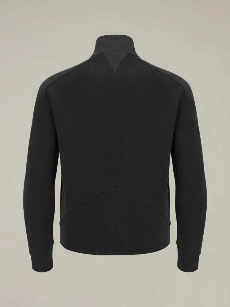 Retro felpa nera uomo con collo alto, design minimalista e dettagli geometrici, moda casual.