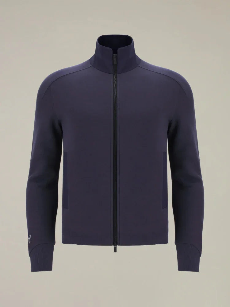 Felpa uomo blu con zip intera e colletto alto, stile casual elegante, abbigliamento moda.