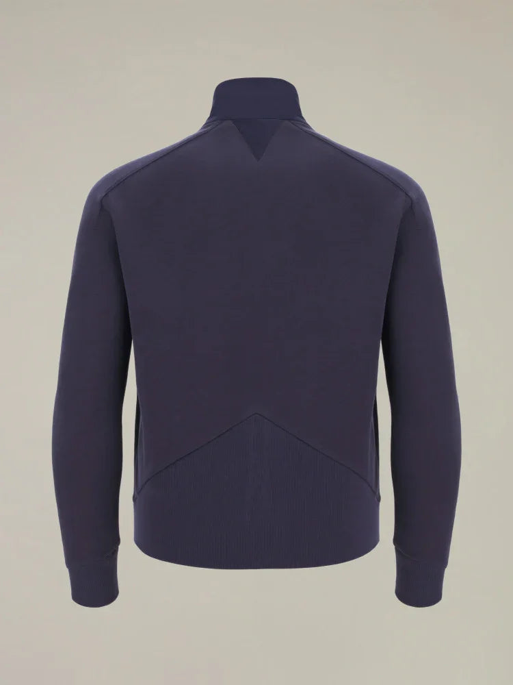 Felpa uomo blu scuro con collo alto e dettagli geometrici sulla schiena