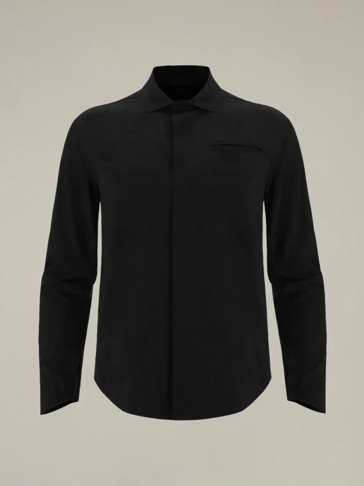 Camicia uomo nera manica lunga elegante, taschino petto, stile Made in Italy