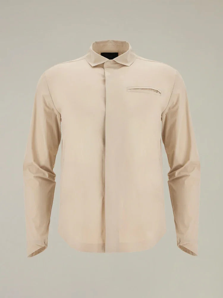 Camicia uomo beige elegante a maniche lunghe con taschino, moda Made in Italy