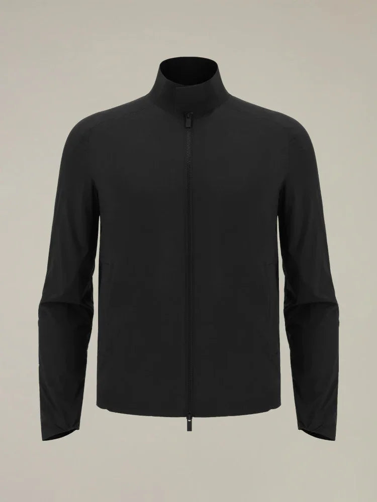Giacca uomo nera elegante con zip frontale, design minimalista, maniche lunghe