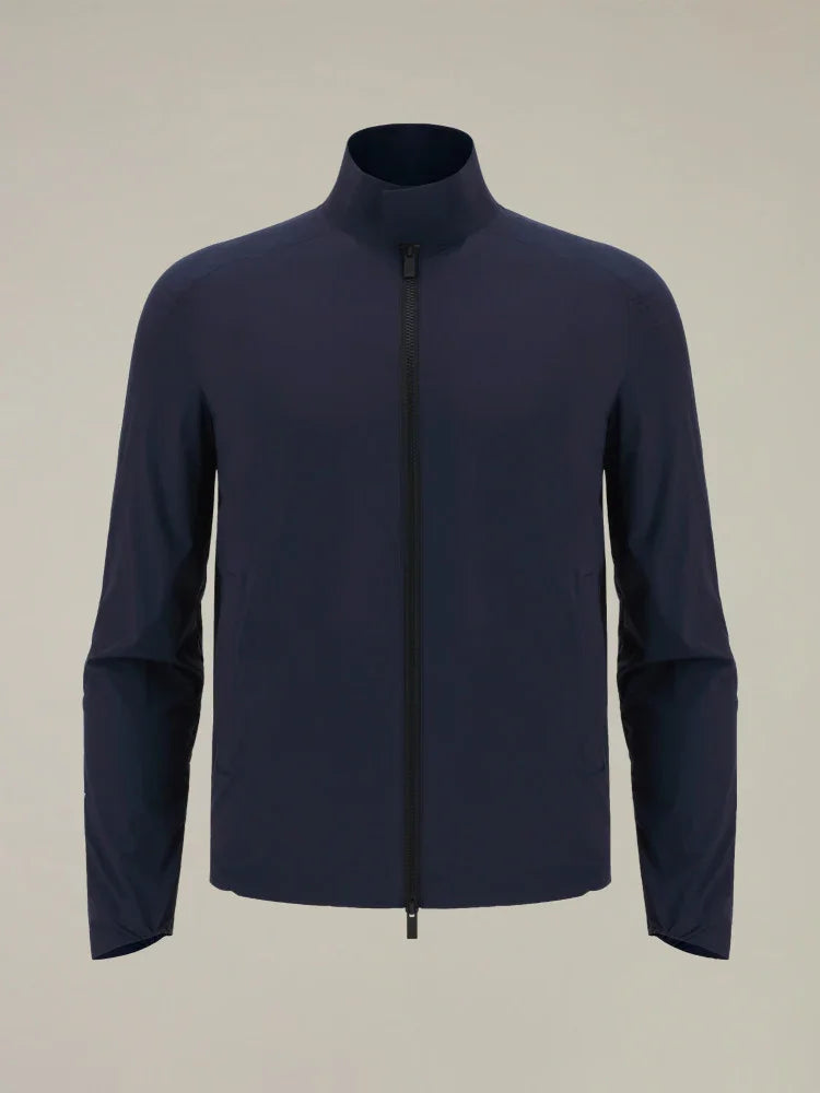 Giacca uomo blu navy con zip frontale, design minimal, abbigliamento elegante Made in Italy