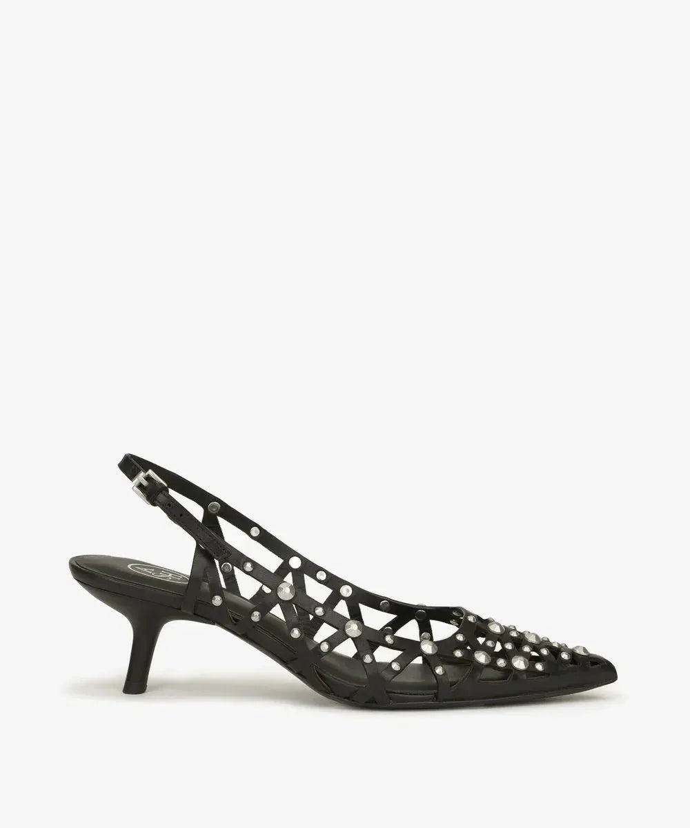 Décolleté slingback nera a rete con borchie, tacco basso, scarpa elegante donna