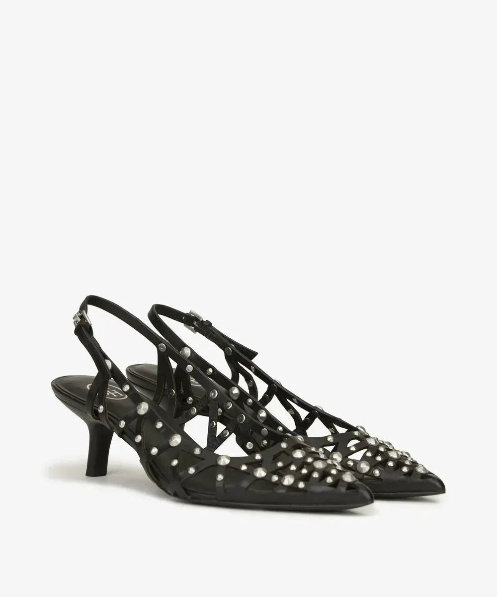 Décolleté nere da donna con borchie, tacco basso, design intrecciato elegante.