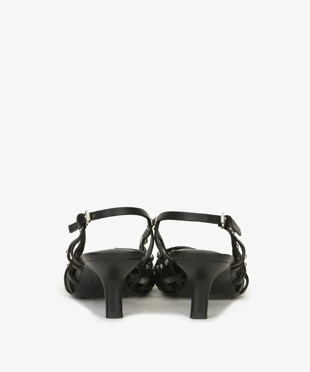 Sandali donna neri con tacco basso, cinturino alla caviglia e design intrecciato, vista posteriore