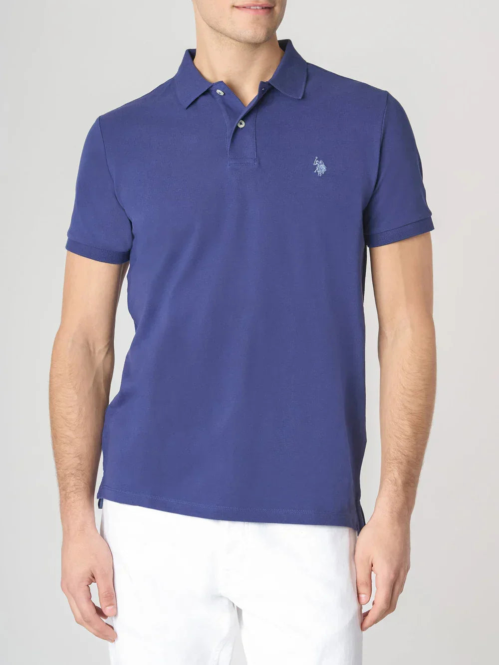 Polo uomo blu a manica corta con logo ricamato, abbigliamento elegante casual