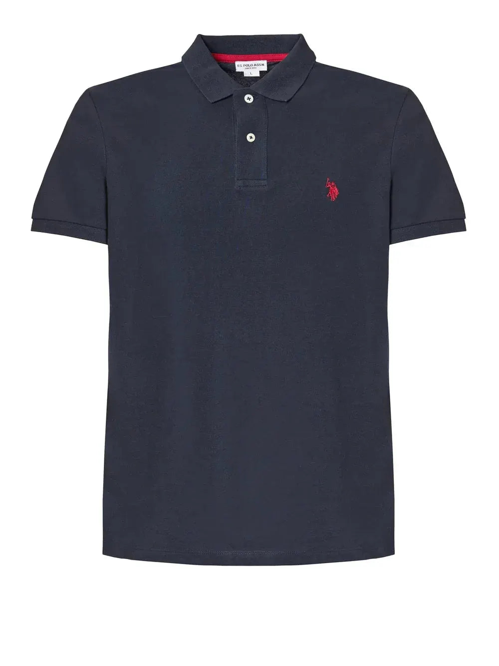 Polo uomo blu navy manica corta con logo ricamato rosso sul petto, stile casual elegante