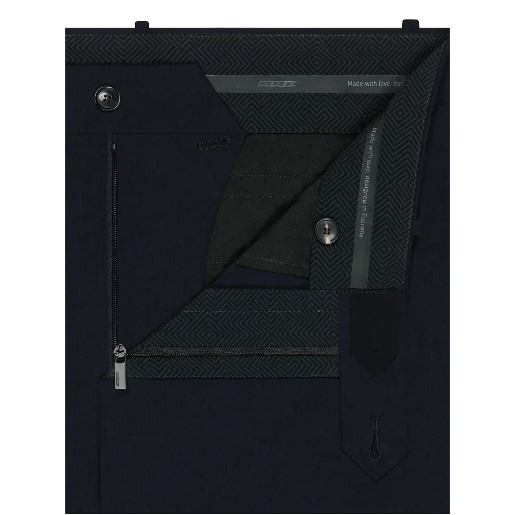 dettaglio interno pantalone uomo elegante blu con zip, bottoni e fodera fantasia geometrica