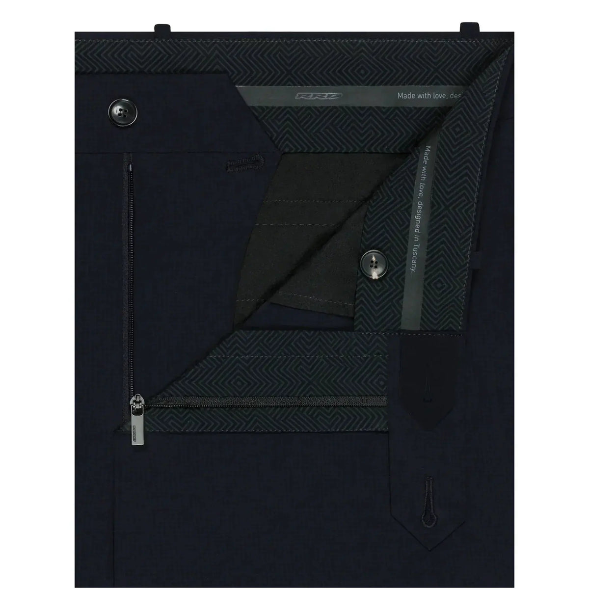 dettaglio interno pantalone uomo elegante blu con zip, bottoni e fodera fantasia geometrica