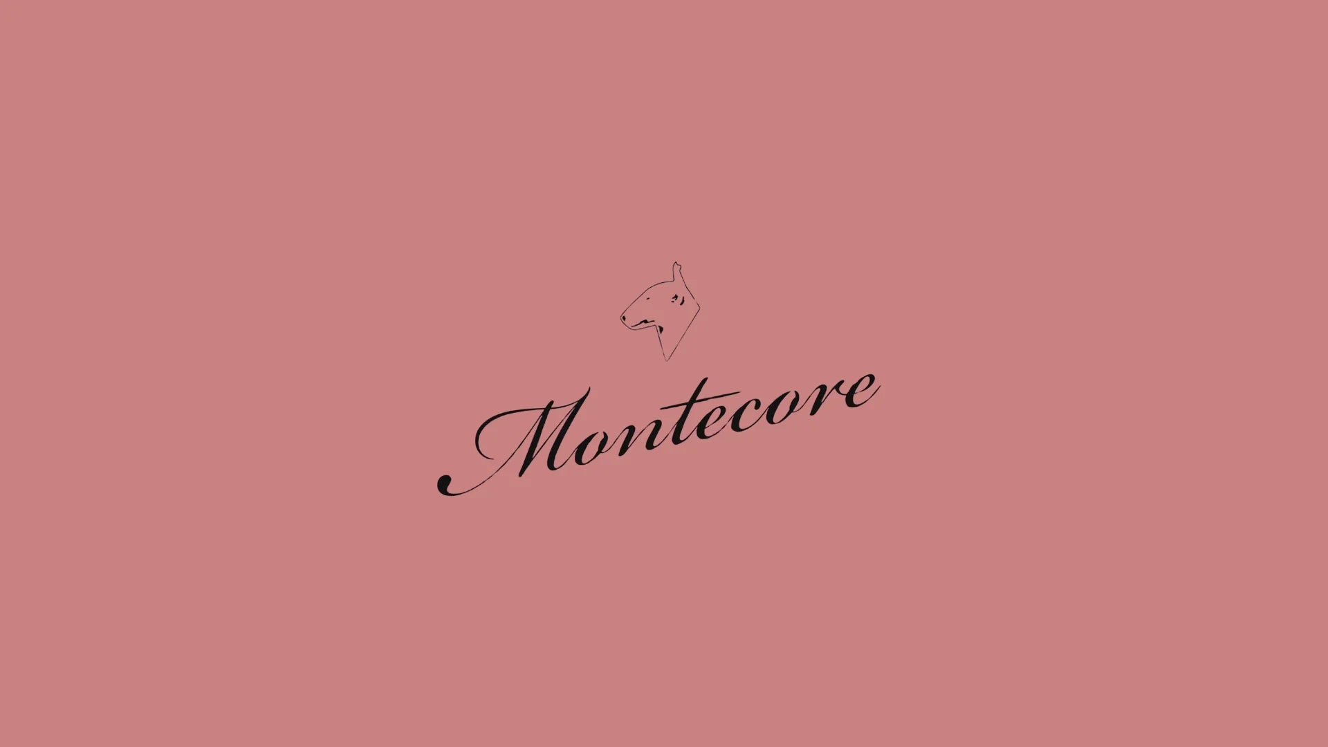 Logo Montecore nero con testa di cane su sfondo rosa, moda abbigliamento uomo donna