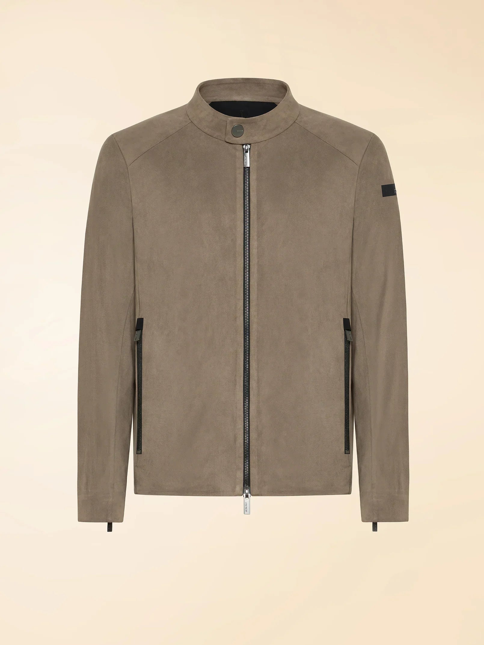 Giacca uomo beige in suede con zip frontale, stile casual elegante, collo alla coreana