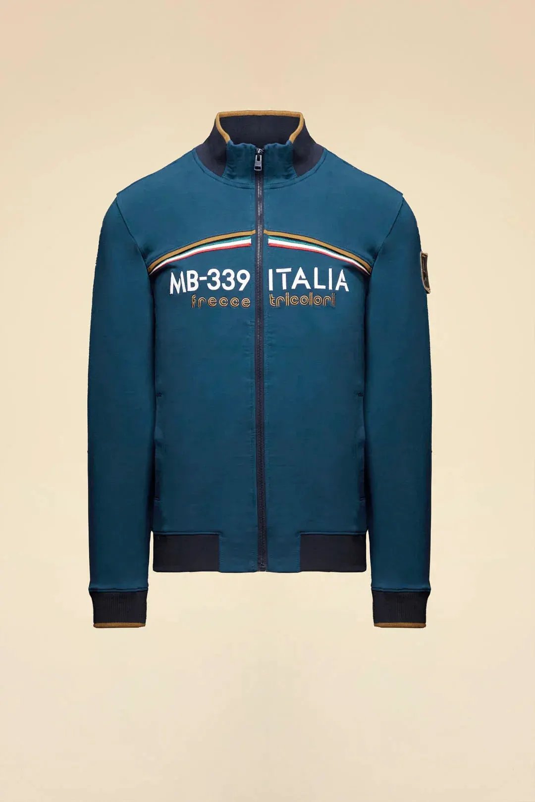 Felpa uomo blu con zip, scritta MB-339 Italia Frecce Tricolori e dettagli tricolore.