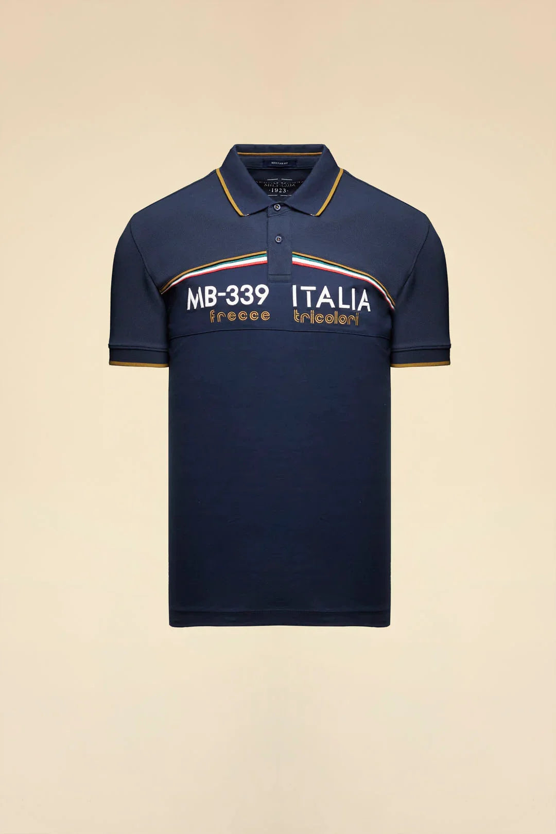 Polo uomo blu con scritta MB-339 Italia Frecce Tricolori e dettagli tricolore, moda casual