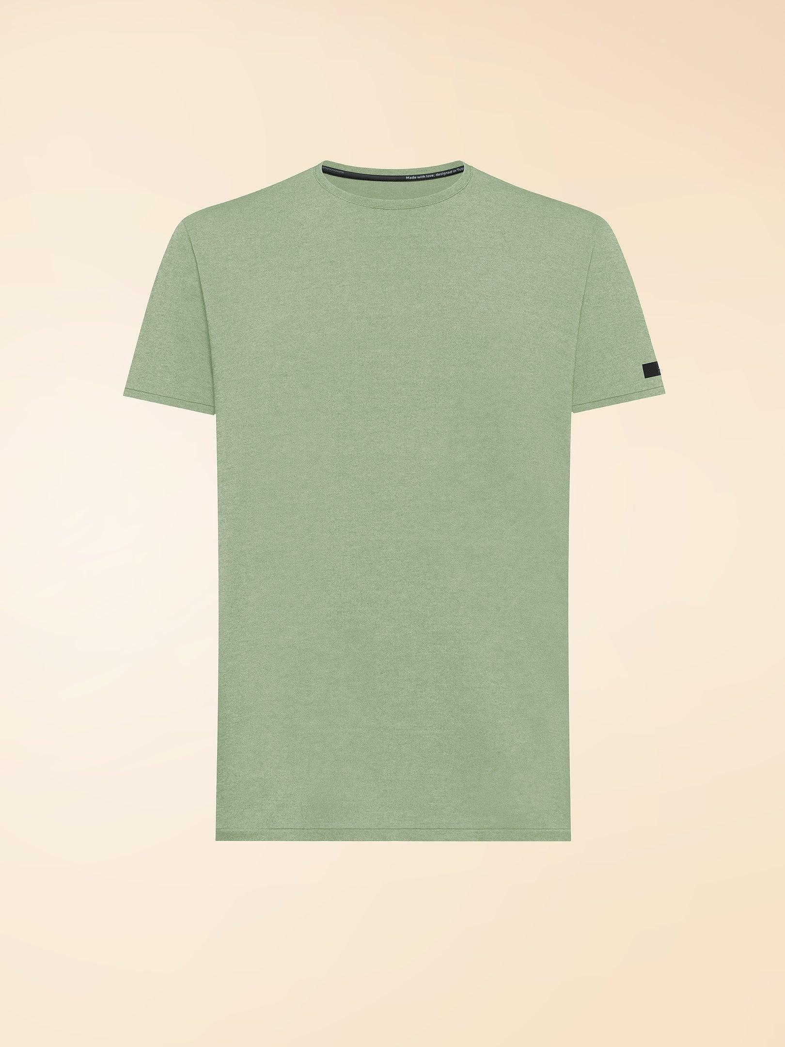 T-shirt uomo verde chiaro in cotone, maniche corte, design minimalista su sfondo beige