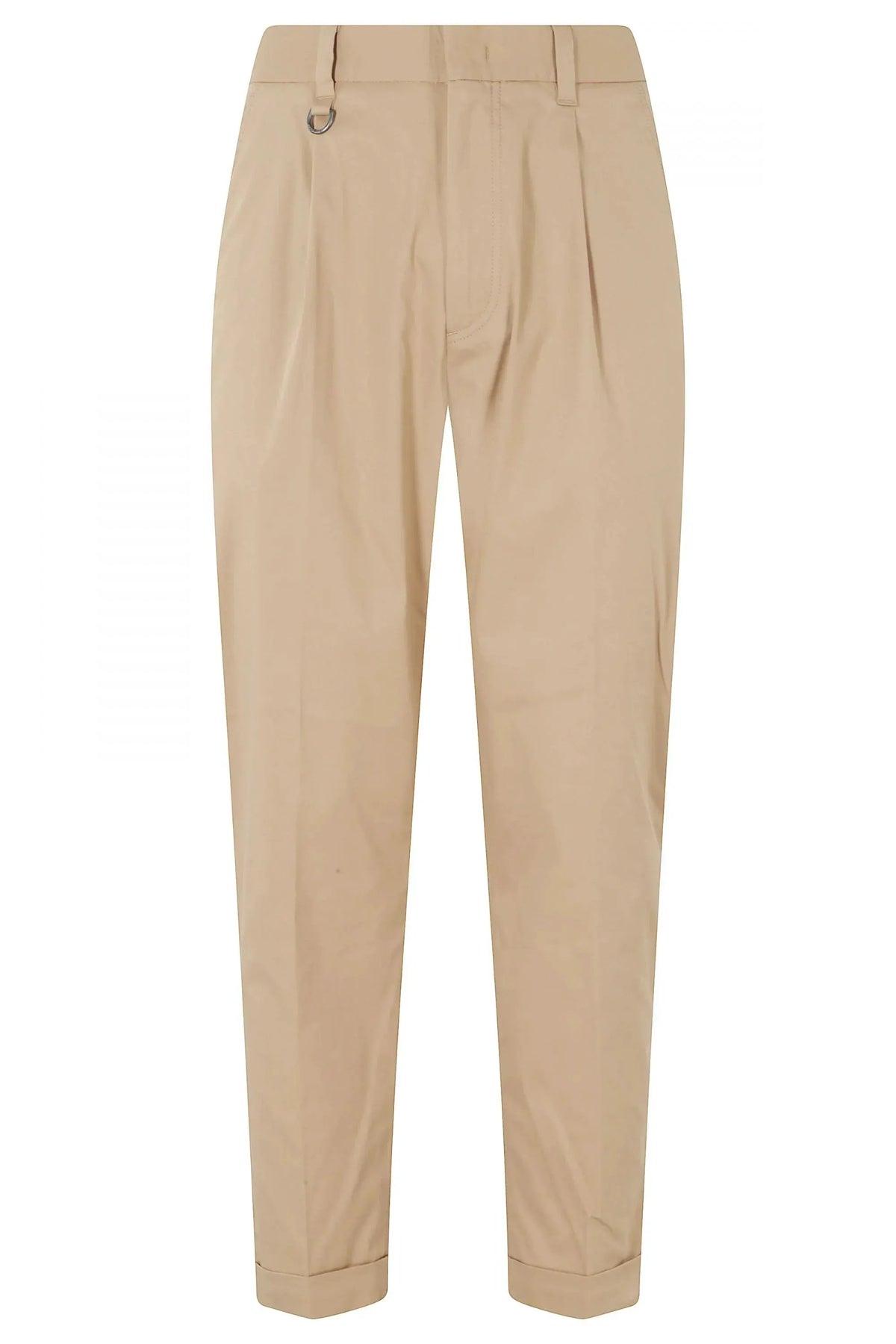 Pantaloni chino beige uomo, vita alta con pinces e anello decorativo, stile elegante casual