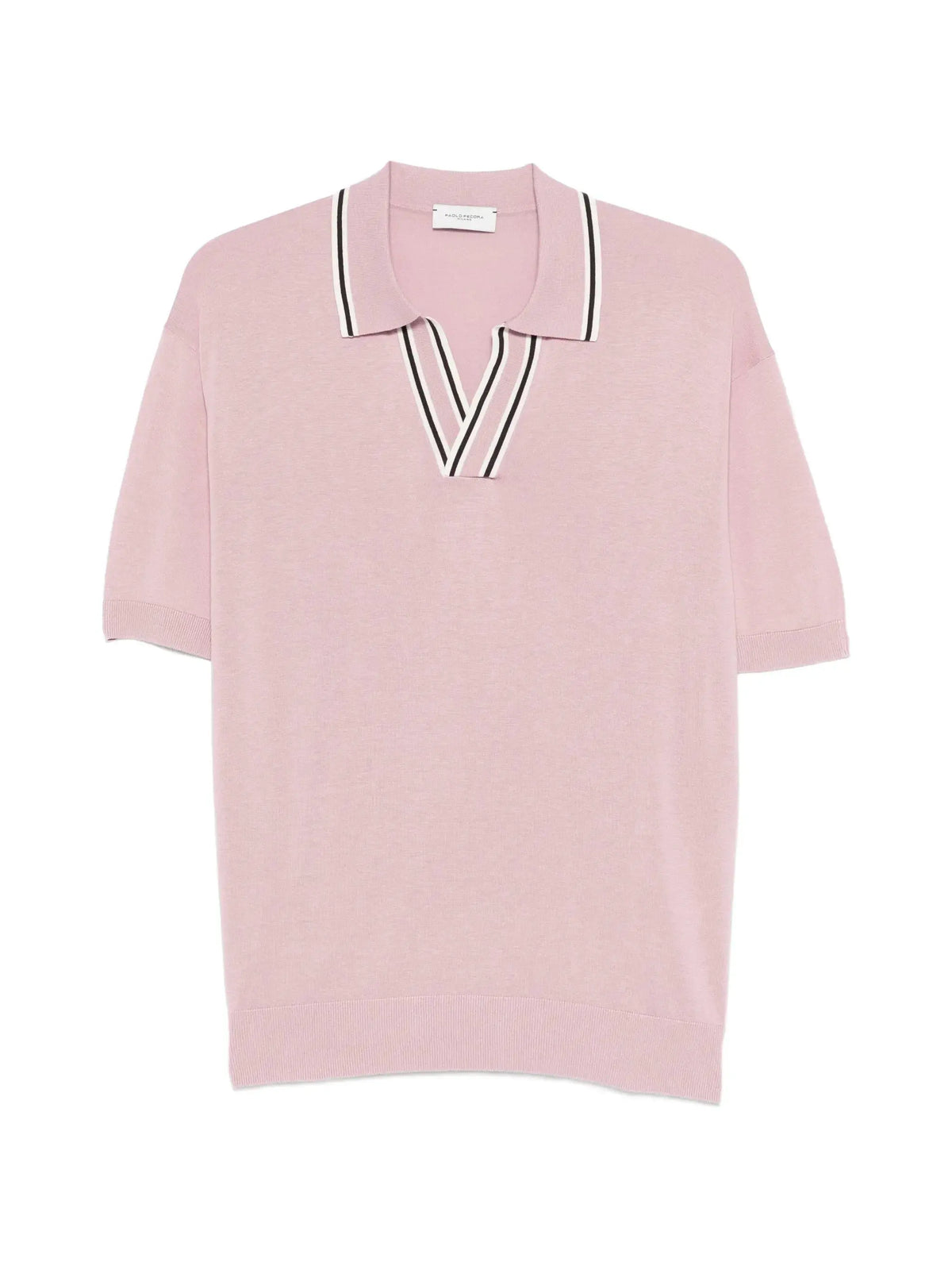 Maglia polo rosa da uomo con colletto a righe bianche e nere, maniche corte, stile casual elegante.