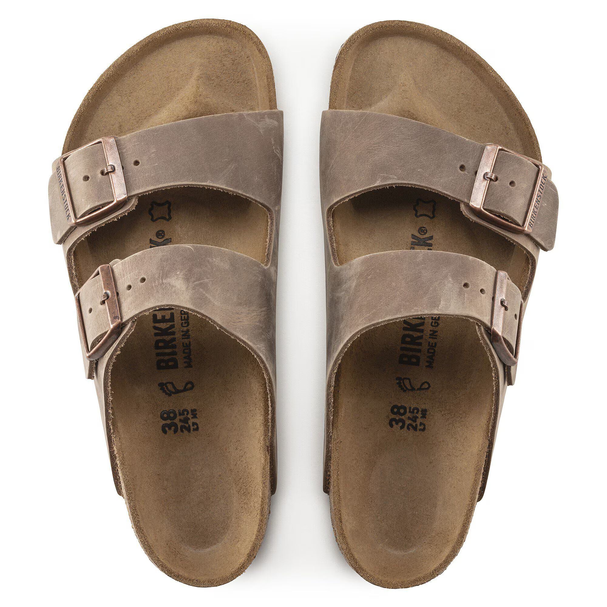 Sandali BIRKENSTOCK Arizona in pelle color tabacco marrone olio, vista superiore con cinturini e dettagli del design.