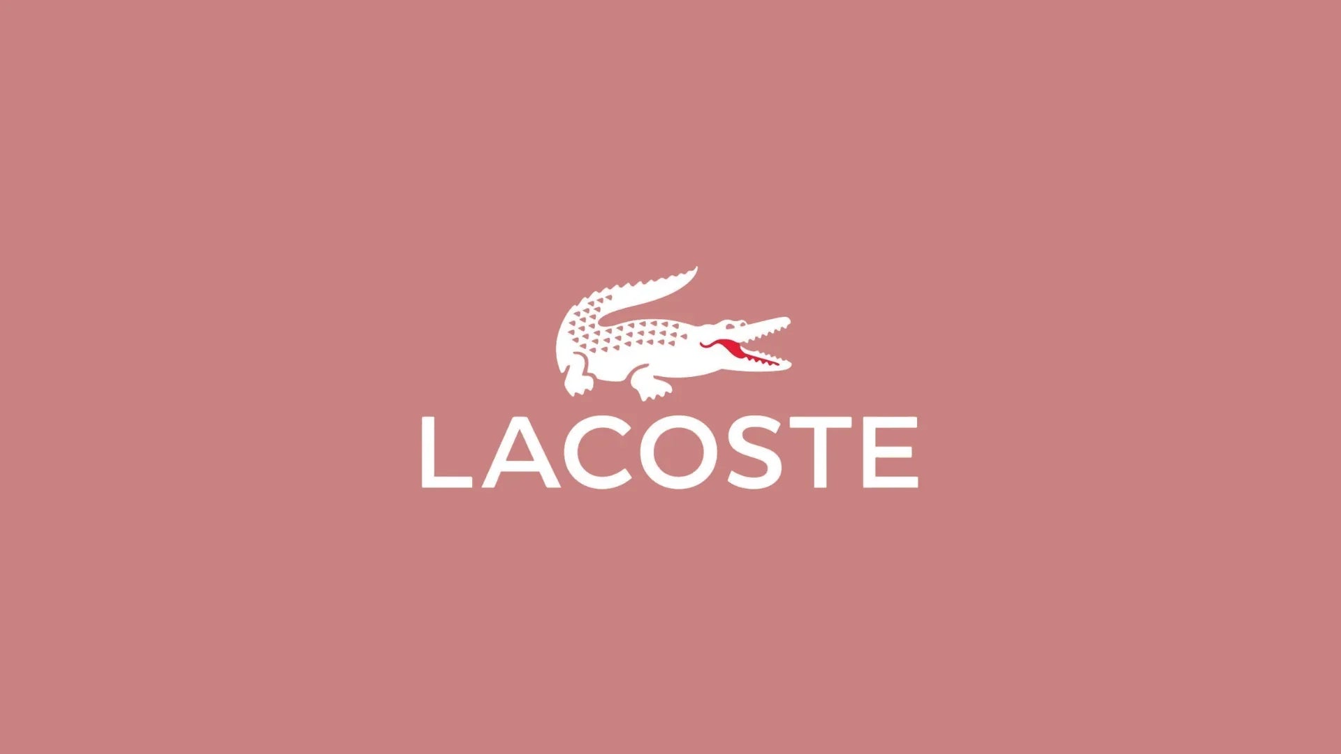 Logo Lacoste con coccodrillo bianco su sfondo rosa, moda abbigliamento uomo donna