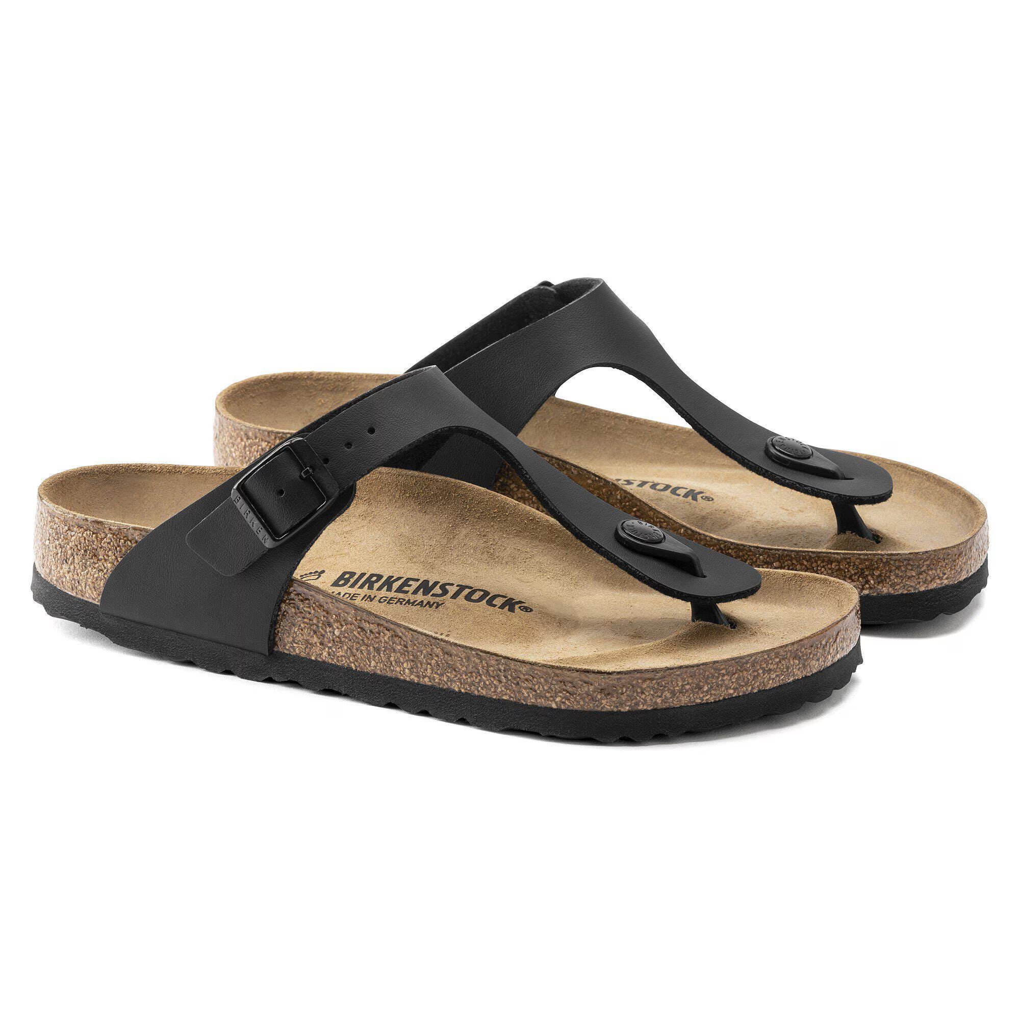 Sandali BIRKENSTOCK Gizeh neri con cinturino in pelle, suola in EVA, modello classico e confortevole.