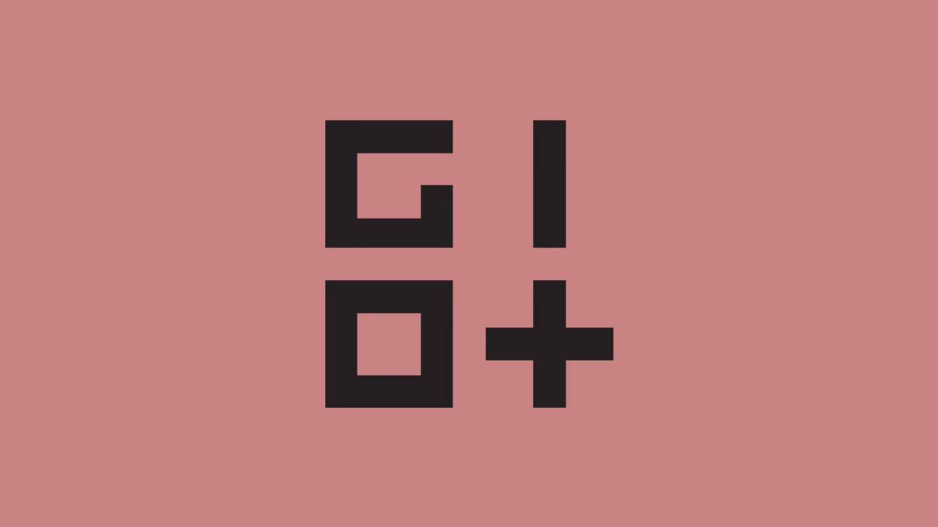 Logo minimalista nero con lettere geometriche e simbolo più su sfondo rosa