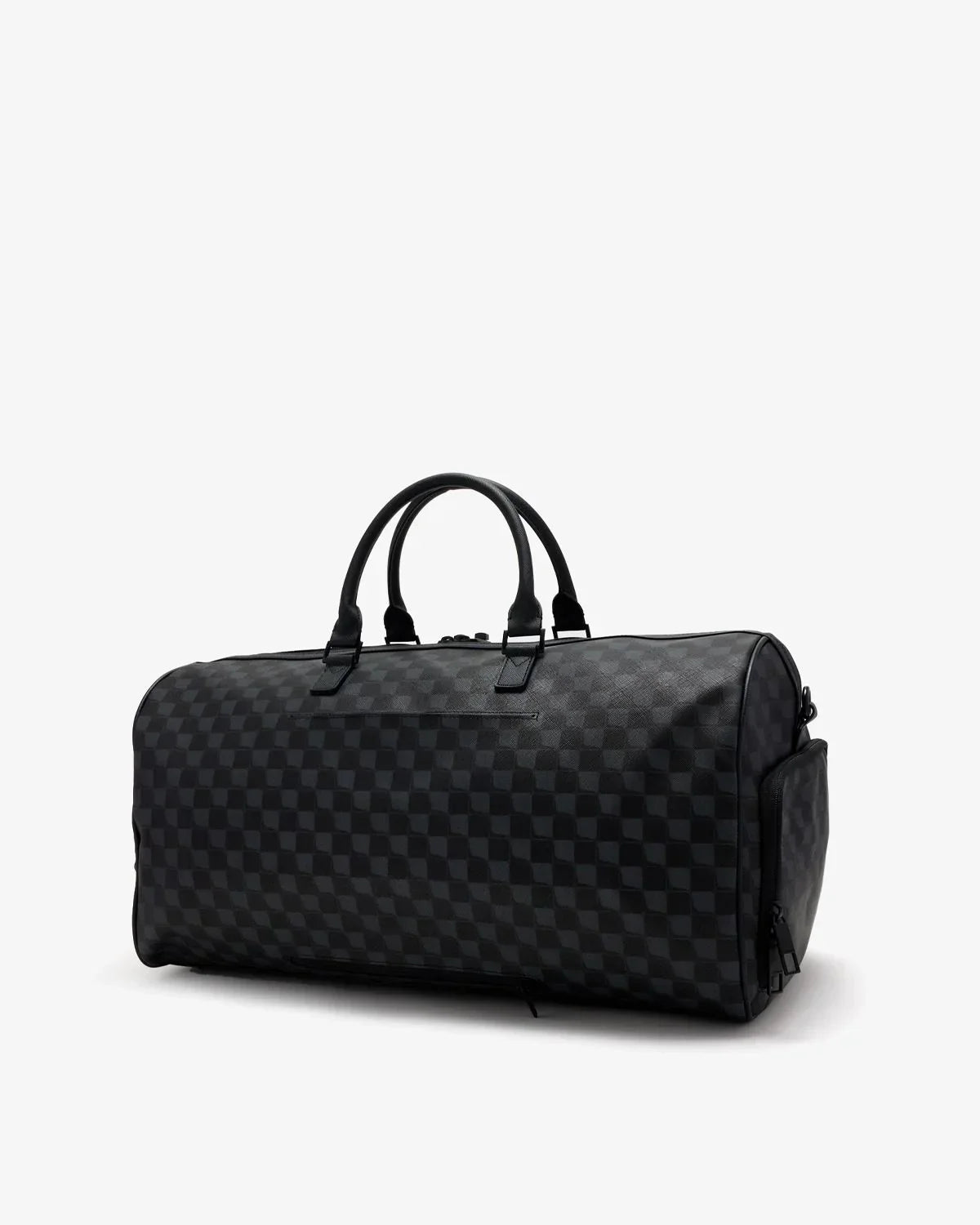 Borsone da viaggio uomo in pelle nera con motivo a quadri, manici corti, design elegante