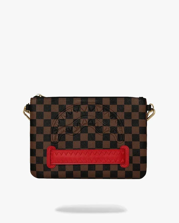 Pochette uomo a quadri marroni e neri con dettagli rossi, accessori moda di lusso
