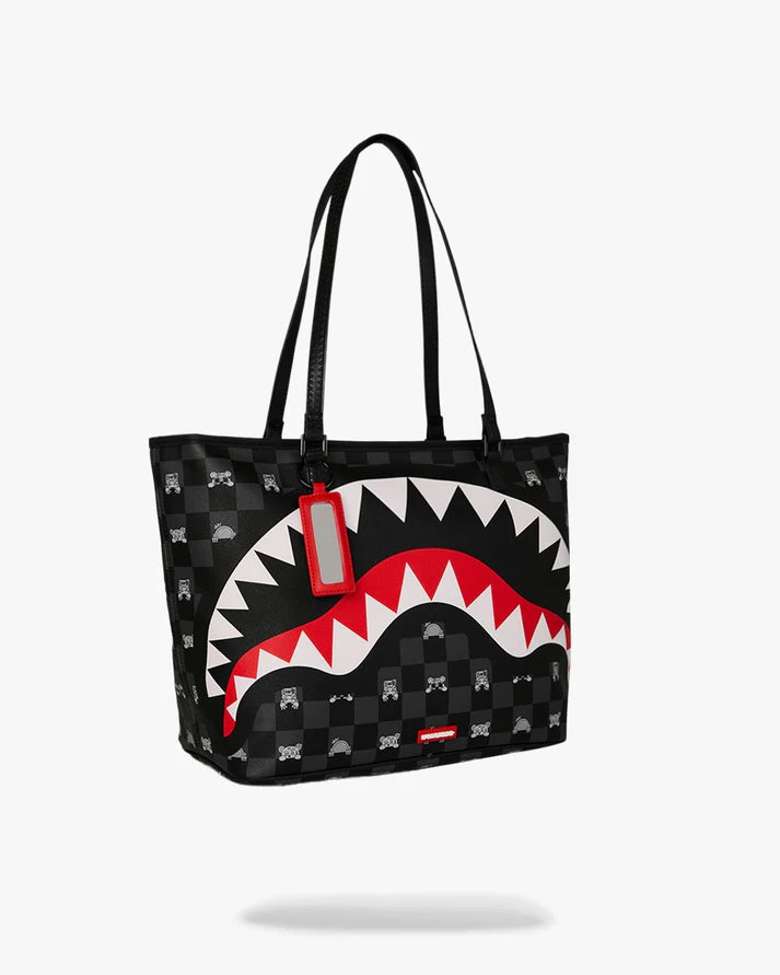 Borsa shopper uomo donna nera a scacchi con dettaglio denti rosso bianco, stile streetwear