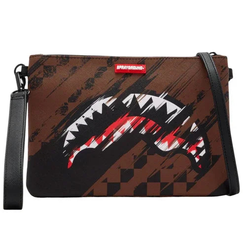 Pochette marrone a tracolla con grafica grunge, fantasia denti e dettagli rossi neri bianchi