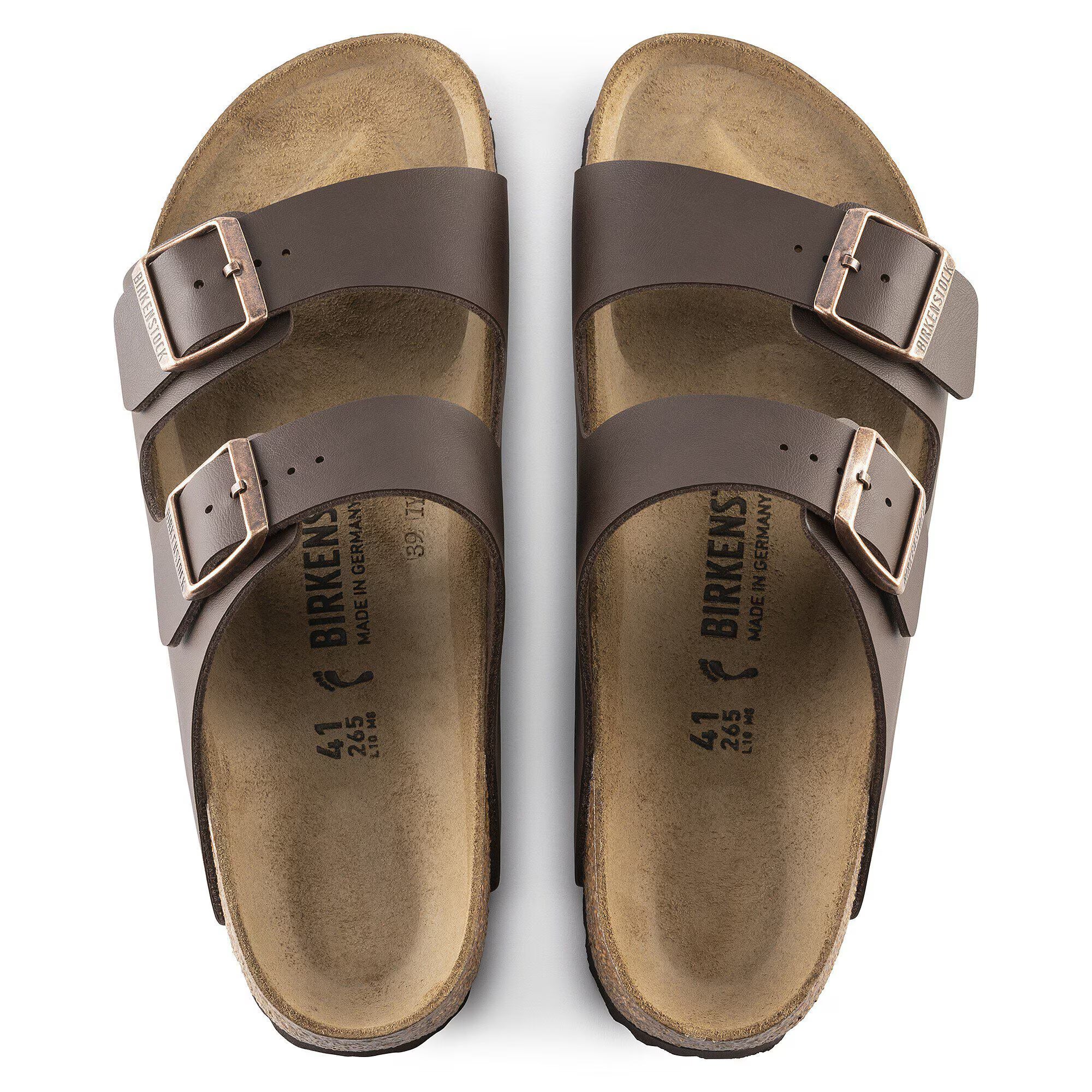 Sandali BIRKENSTOCK Arizona in pelle marrone scuro, vista superiore con cinturini e suola in gomma.