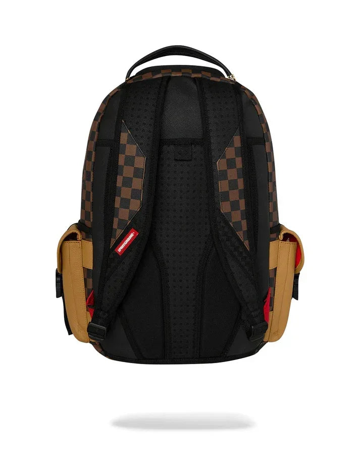 Zaino uomo con schienale imbottito, motivo a scacchi marrone e nero, tasche laterali beige