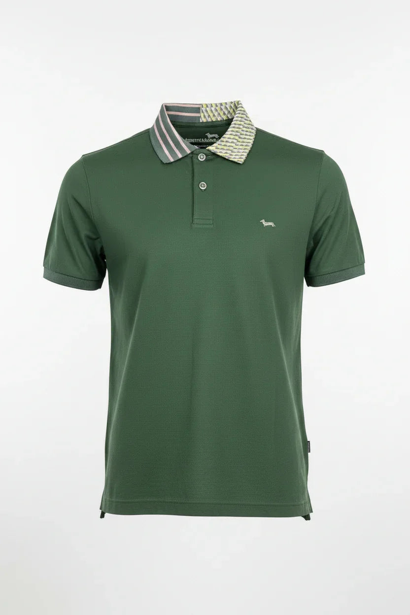 Polo uomo verde con colletto fantasia, maniche corte, logo ricamato, stile casual elegante