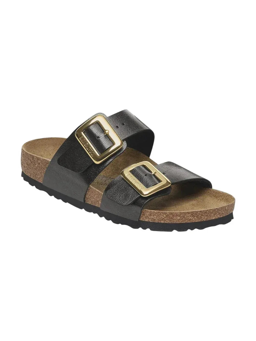 Sandalo donna nero in pelle con doppia fibbia dorata e suola in sughero, moda estiva