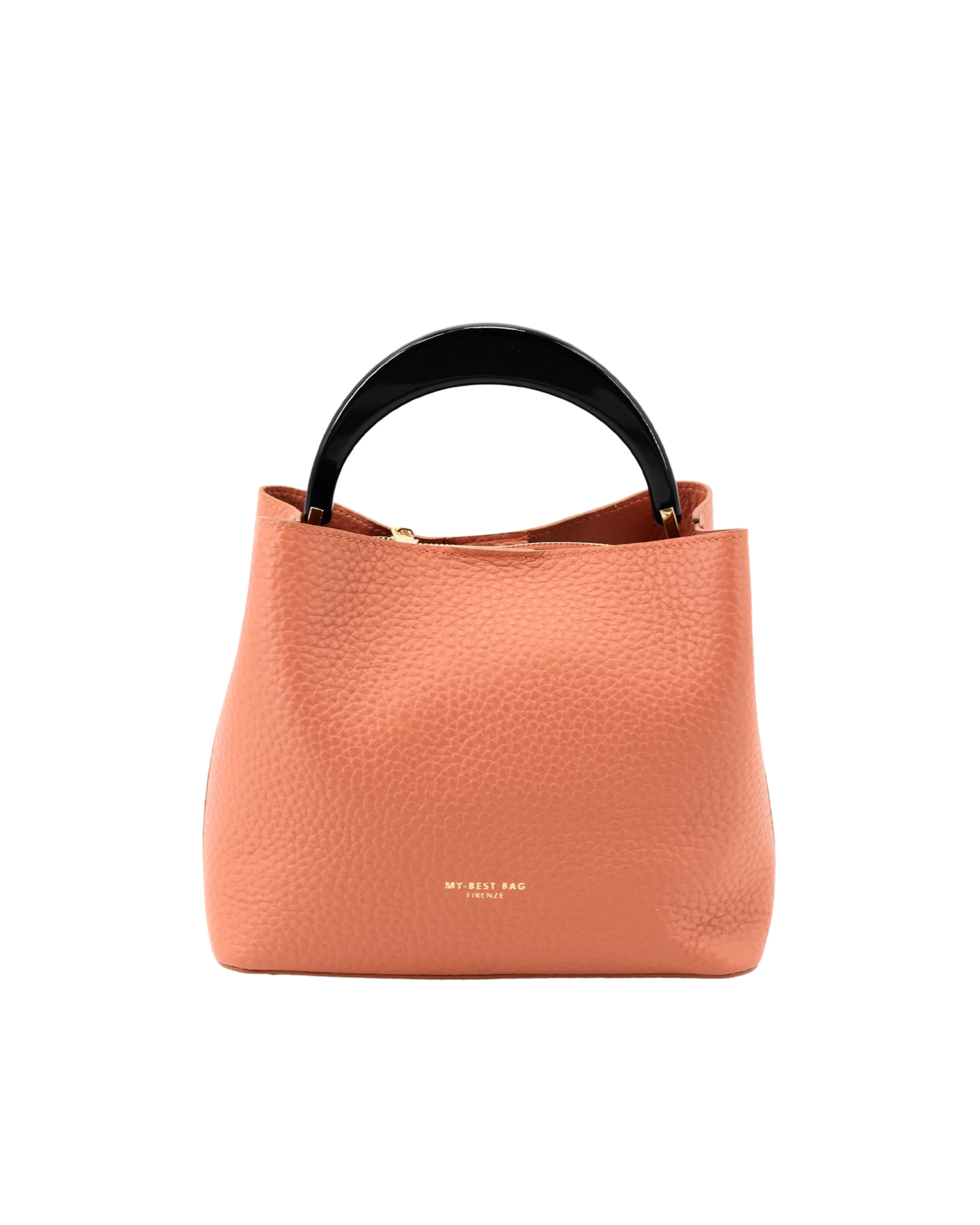 Borsa donna in pelle arancione con manico rigido nero e scritta dorata, stile Made in Italy