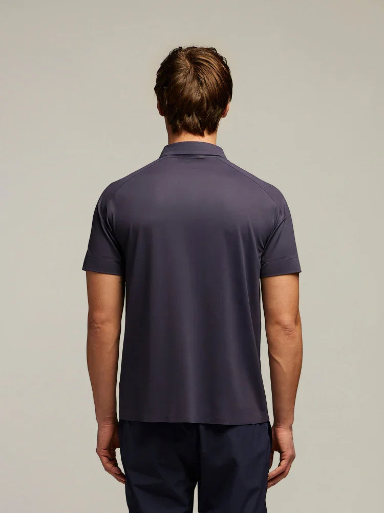 Polo uomo manica corta blu scuro vista posteriore, abbigliamento casual elegante